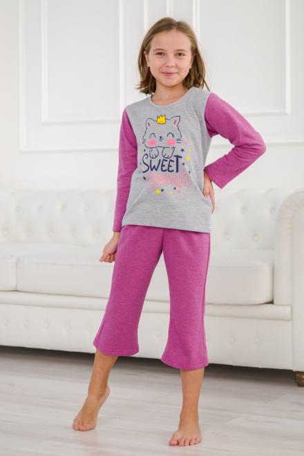 Пижама детская из футера Кисонька брусничный