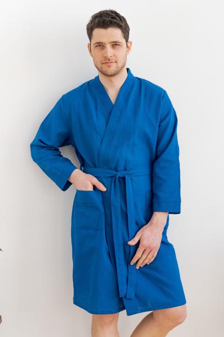 Халат банный из вафельного полотна синий