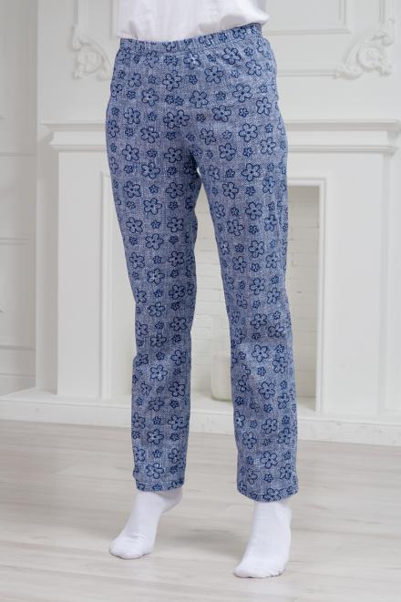 Брюки женские домашние из кулирки Барокко лен цветы синий