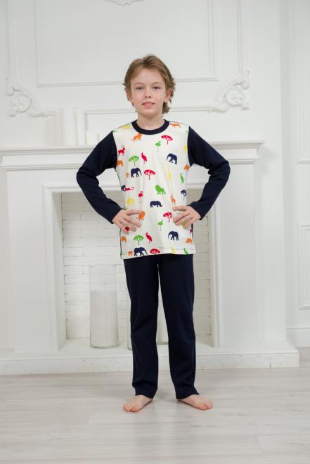 Пижама детская из джемпера и брюк без манжет из интерлока Сафари темно-синий