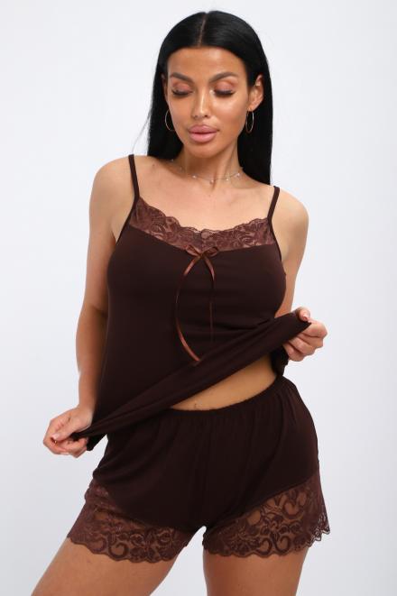 Пижама женская из топа и шорт из вискозы Николь шоколад