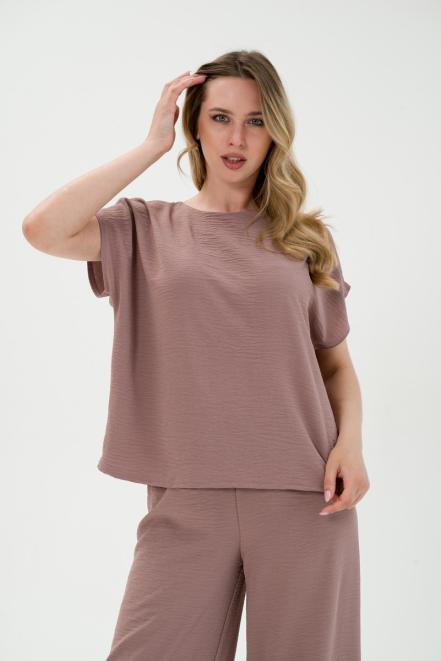 Костюм женский из туники и брюк палаццо из жатки Диана какао