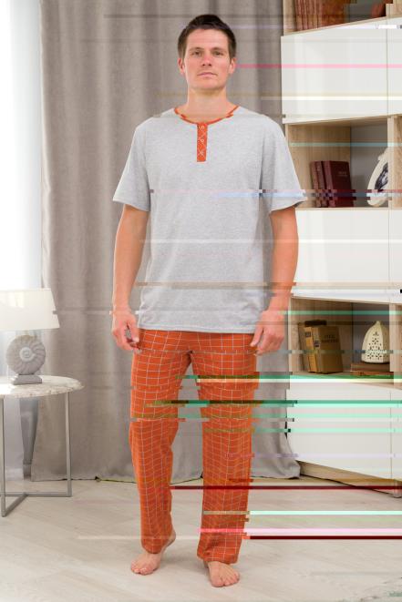 Пижама мужская из футболки с коротким рукавом и брюк из кулирки Француа клетка на кирпичном