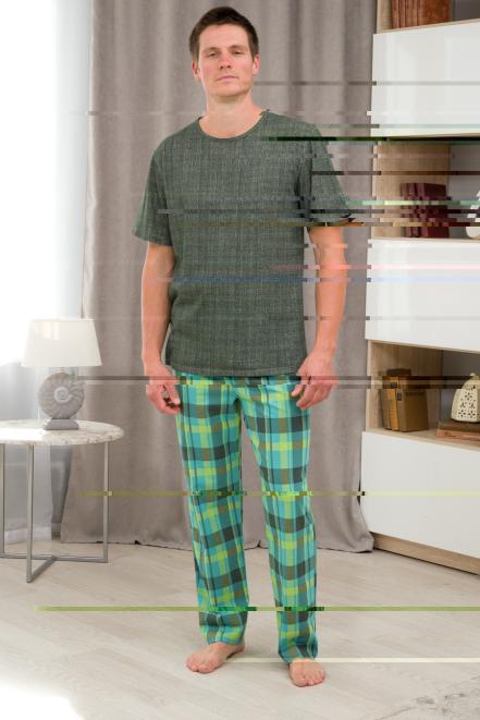 Пижама мужская из футболки с коротким рукавом и брюк из кулирки Генри бирюзовая клетка