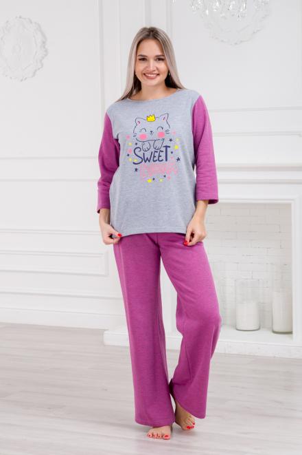 Пижама женская из футера Кисонька брусника