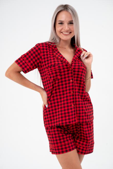 Пижама женская из жакета и шорт из кулирки Рейчел красная клетка