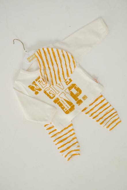 Набор из шапочки, кофточки и штанишек из интерлока желтая полоса