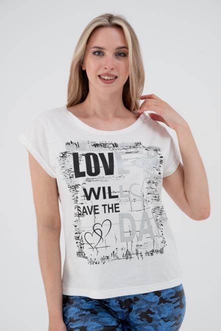 Футболка женская со спущенным плечом из кулирки Лира молочный с принтом Love Футболка женская со спущенным плечом из кулирки Лира молочный с принтом Love