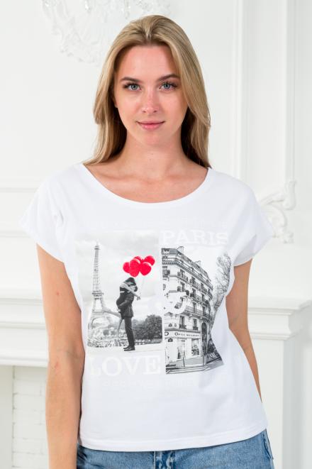 Футболка женская со спущенным плечом из кулирки Лира белый с принтом Paris Футболка женская со спущенным плечом из кулирки Лира белый с принтом Paris