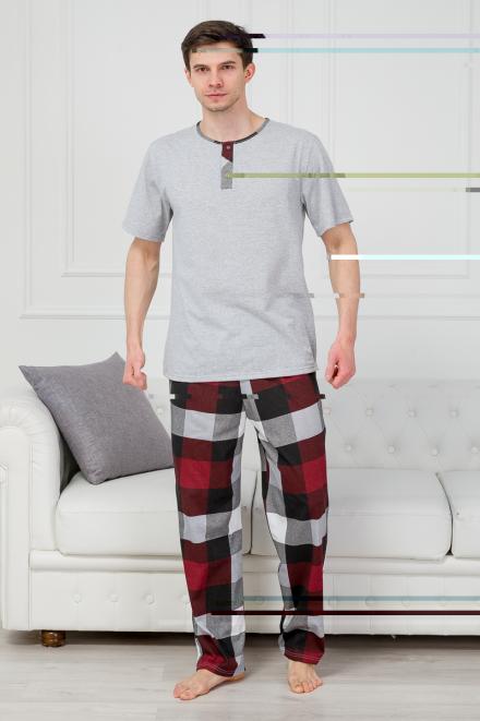 Пижама мужская из футболки с коротким рукавом и брюк из кулирки Француа клетка бордо макси