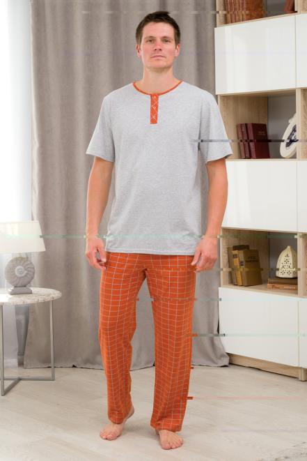 Пижама мужская из футболки с коротким рукавом и брюк из кулирки Француа клетка на кирпичном макси