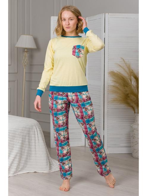 Пижама женская из джемпера из кулирки и брюк из футера Контраст бежево-бордовая клетка