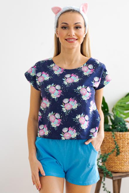 Пижама женская из футболки со спущенным плечом и шорт Fairy-tale цветы на темно-синем Пижама женская из футболки со спущенным плечом и шорт Fairy-tale цветы на темно-синем