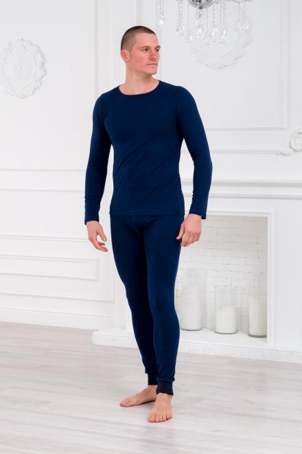 Нательное белье футболка с длиным рукавом и кальсоны кулирка с лайкрой темно-синий