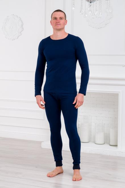 Нательное белье футболка с длиным рукавом и кальсоны кулирка с лайкрой темно-синий макс