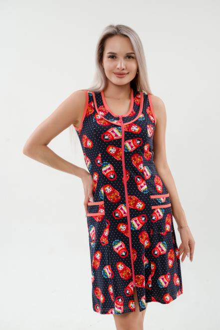 Халат женский из интерлока Матрешка на темно-синем Халат женский из интерлока Матрешка на темно-синем