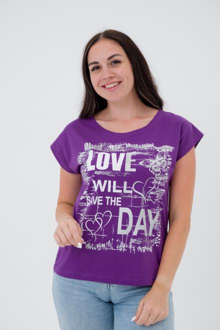 Футболка женская со спущенным плечом из кулирки Лира сирень с принтом Love