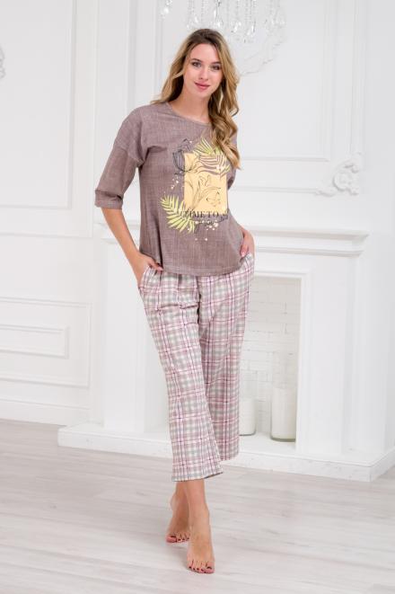 Пижама из футболки и брюк из кулирки Мечта клетка какао макс