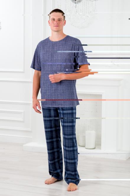 Пижама мужская из футболки с коротким рукавом и брюк из кулирки Генри темно-синяя клетка