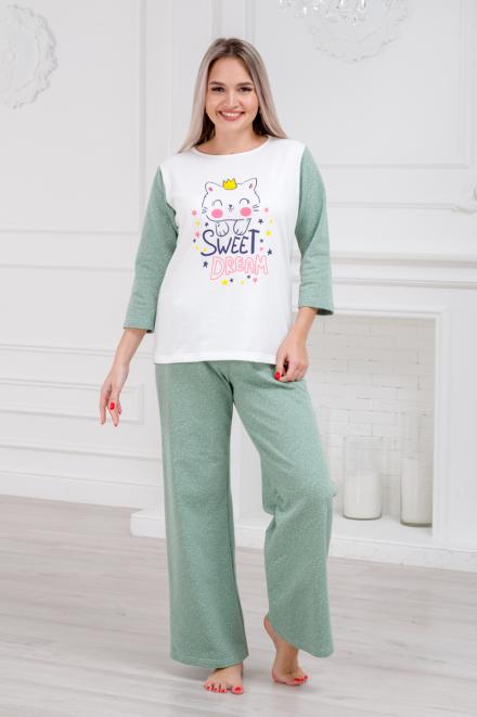Пижама женская из футера Кисонька мятная береза
