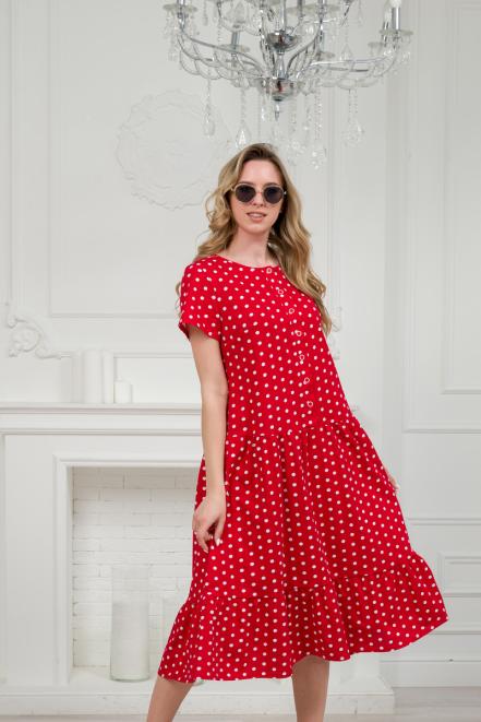 Платье женское из кулирки Кармелита горошек на красном Платье женское из кулирки Кармелита горошек на красном