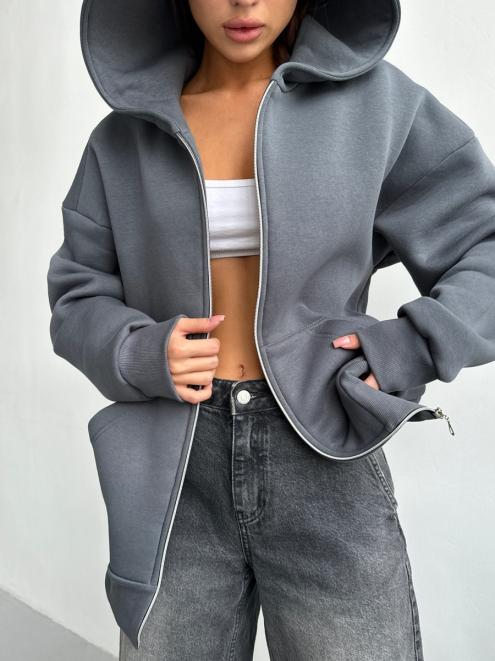 Толстовка на молнии из футера 3х нит.начес Сова серый макси
