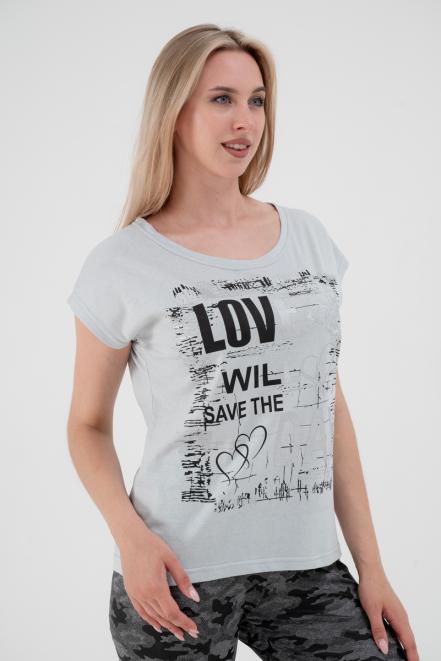 Футболка женская со спущенным плечом из кулирки Лира светло-серый с принтом Love Футболка женская со спущенным плечом из кулирки Лира светло-серый с принтом Love