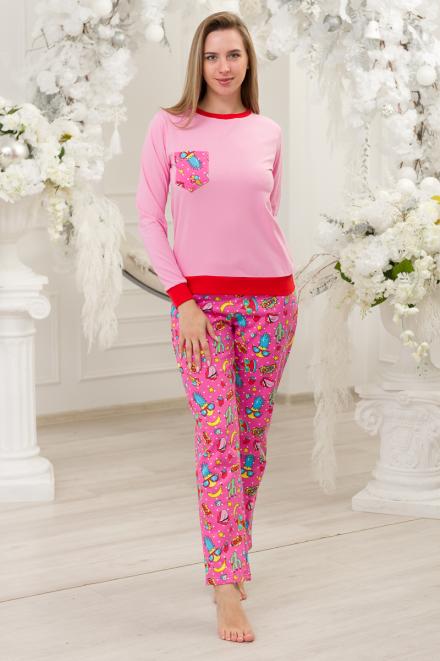 Пижама женская из джемпера из кулирки и брюк из футера Контраст ананас на розовом