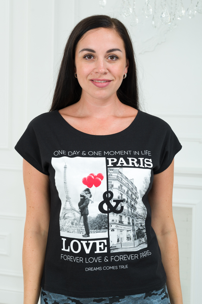 Футболка женская со спущенным плечом из кулирки Лира черный с принтом Paris