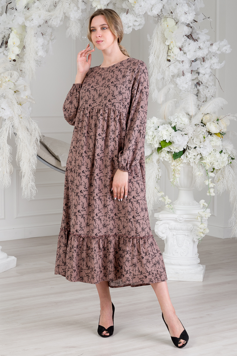 Купить Платье женское из штапеля Розалия веточка на кофе длинный рукав арт.  03671 оптом в интернет-магазине Амадель.